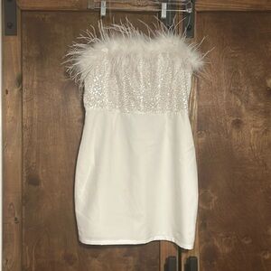Felicia Dress - White dress with sequin detail on bust with feather/fur accent